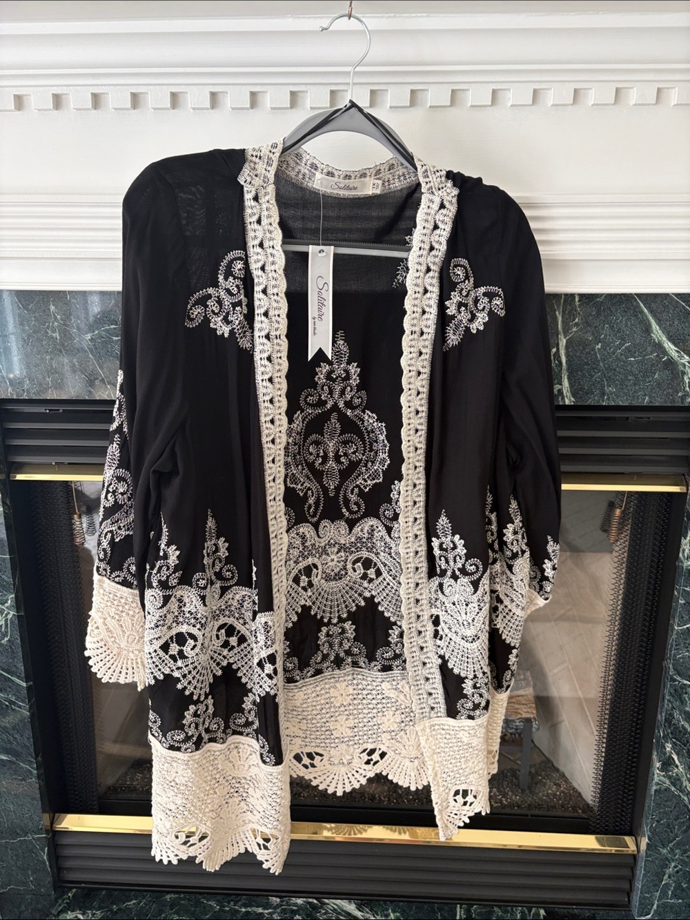 Solitaire Black Kimono with Cream Crochet Trim
